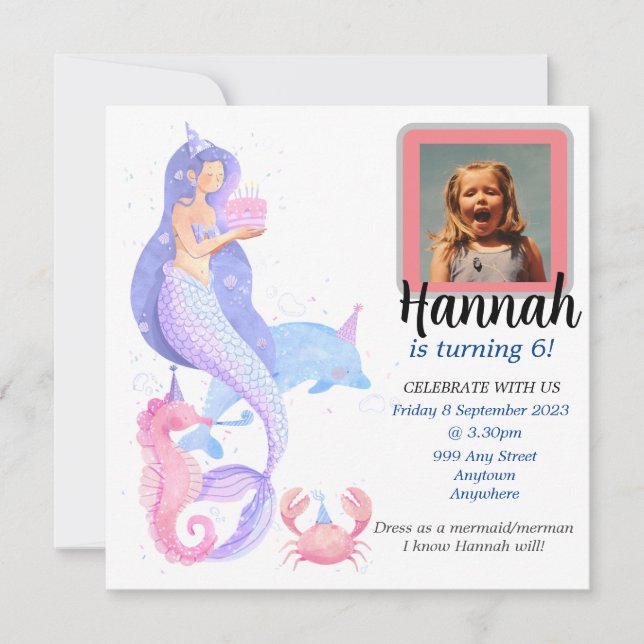 Birthday Girl Mermaid Thema Einladung (Vorderseite)