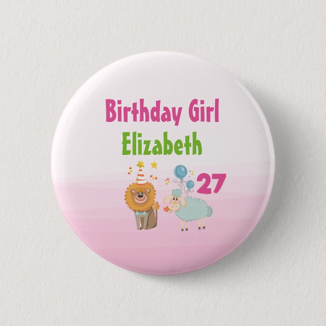 Birthday Girl mit Party Lion und Balloon Sheep Button (Vorderseite)