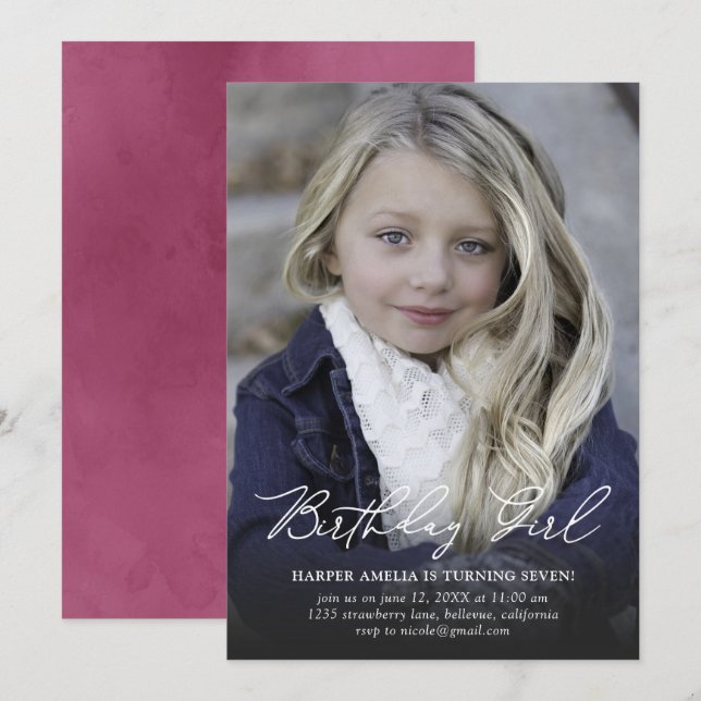 Birthday Girl Modern Calligraphy Birthday Einladung (Vorne/Hinten)