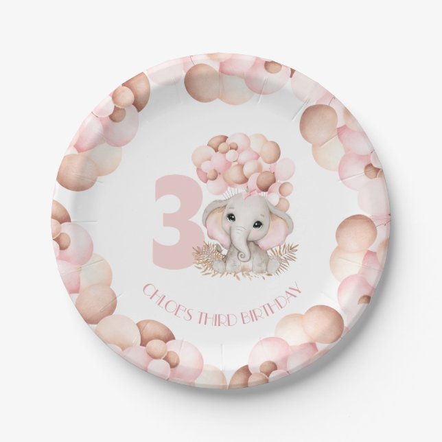Birthday Girl Niedlich Elephant Pink Balloons Pappteller (Vorderseite)