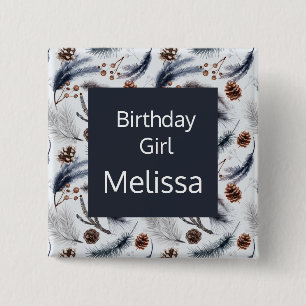 Birthday Girl Pine Cones Winter Pattern Button