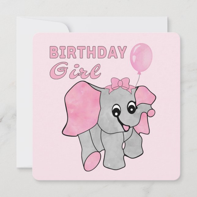 Birthday Girl Pink Baby Elephant Einladung (Vorderseite)