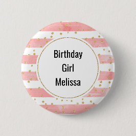 Birthday Girl Pink Blush Stripes | Gold Confetti Button