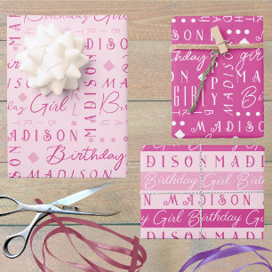 Birthday Girl Pink Niedlich Hinzufügen eines Namen Geschenkpapier Set