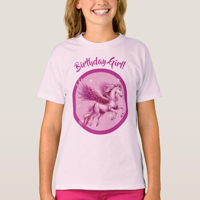 "Birthday Girl!" Pink Pegasus Fantasy Design T-Shirt (Vorderseite)