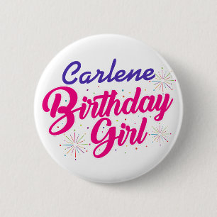 Birthday Girl Pink Text Graphic with NAME on WHITE Button
