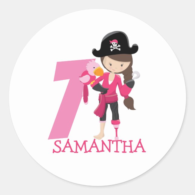 Birthday GIRL Pirate 7. Runder Aufkleber (Vorderseite)
