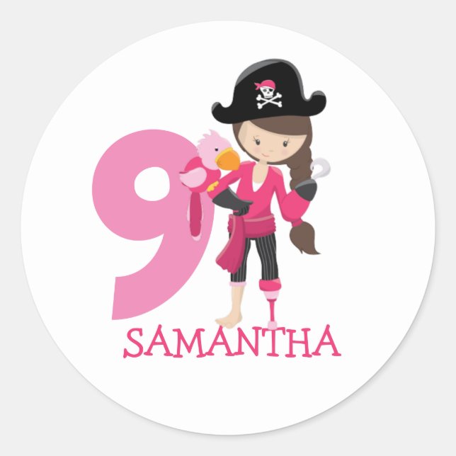 Birthday GIRL Pirate 9. Runder Aufkleber (Vorderseite)