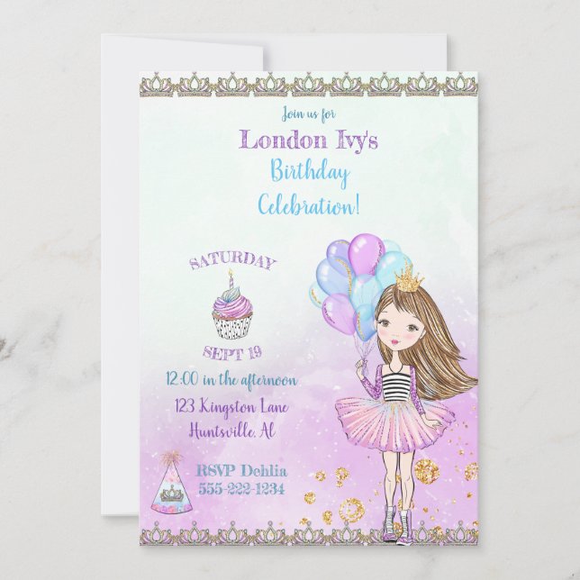 Birthday Girl Princess Cupcake Balloons Lavender Einladung (Vorderseite)