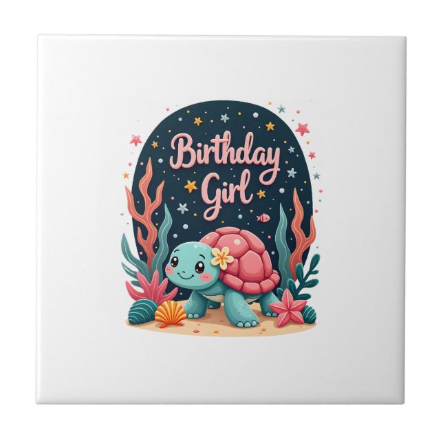 Birthday Girl Sea Turtle Theme Birthday Party Ocea Fliese (Vorderseite)