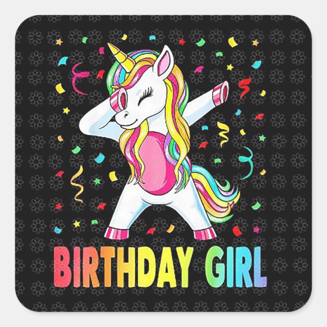 Birthday Girl Unicorn Quadratischer Aufkleber (Vorderseite)