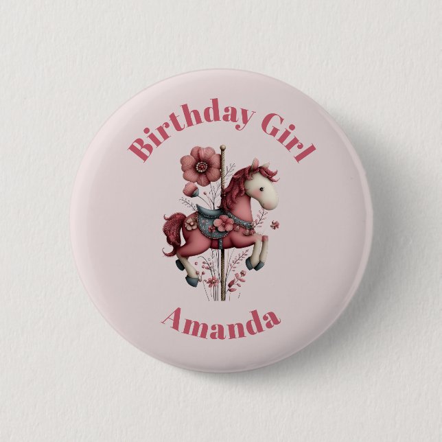 Birthday Girl Whimsical Carousel Horse Image Button (Vorderseite)