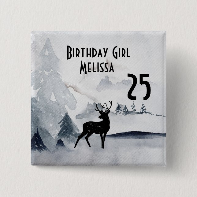 Birthday Girl Winter Rustikal Wasserfarbe Button (Vorderseite)