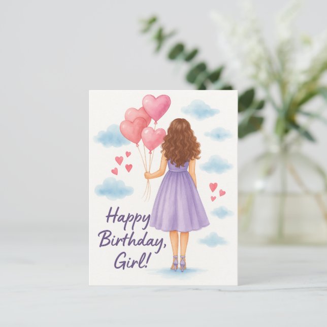Birthday Girl with Balloons - Aquarell Gruß Postkarte (Stehend Vorderseite)