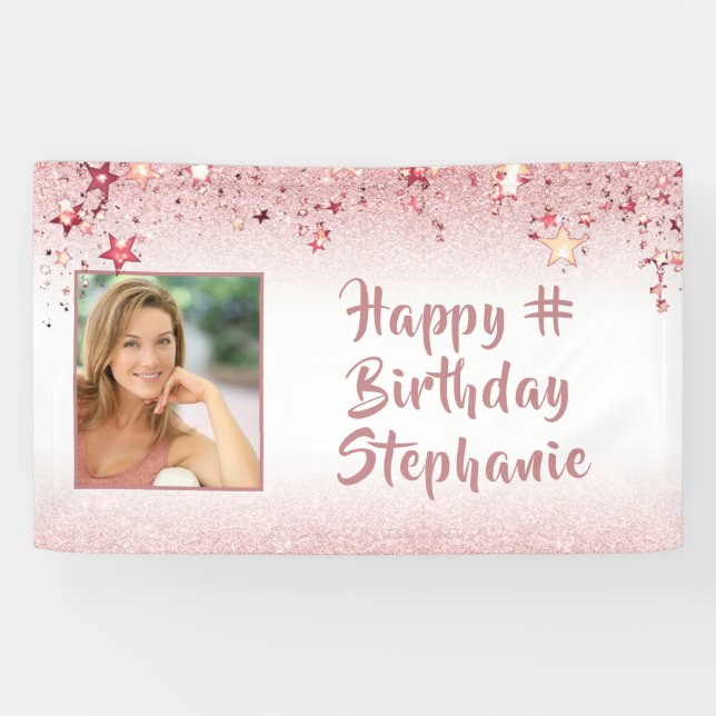 Birthday Girls Imitate Rose Gold Glitzer Foto Banner (Horizontal)