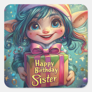Birthday Gnome - Happy Birthday Sister Quadratischer Aufkleber