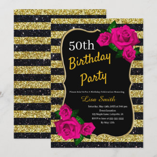 Birthday Gold Black Strips Glitzer Roses Einladung