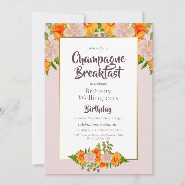 Birthday Gold Blush Floral Champagne Frühstück Einladung (Vorderseite)