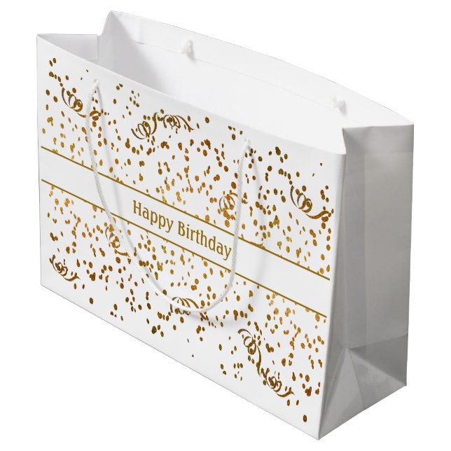 Birthday Gold Confetti Streamers Drei Vorlage Große Geschenktüte (Rückseite Schrägansicht)