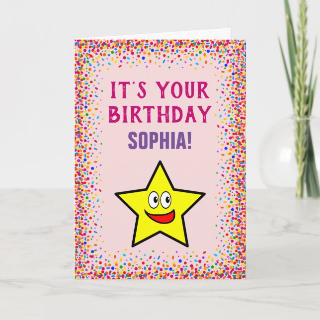 Birthday Gold Star Rosa Farbe Confetti Karte (Vorderseite)