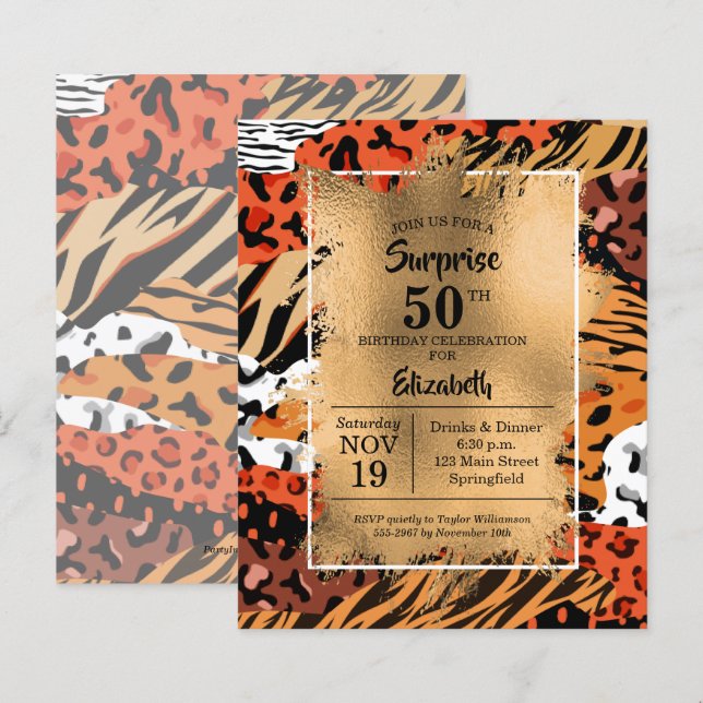 Birthday Gold Wild Animal Print Einladungen (Vorne/Hinten)