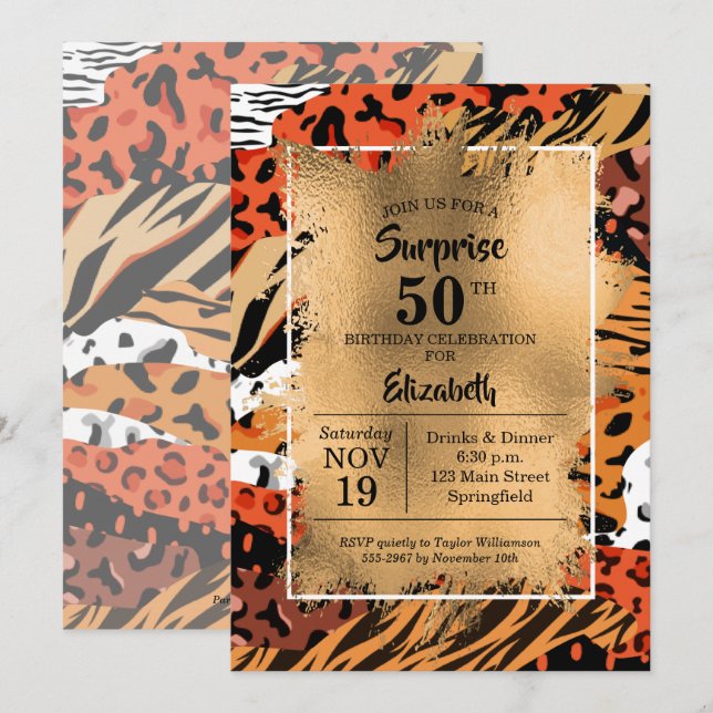 Birthday Gold Wild Animal Print Einladungen (Vorne/Hinten)