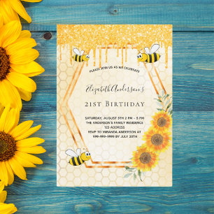Birthday goldbumble Bienen Sonnenblumen Glitzer Einladung