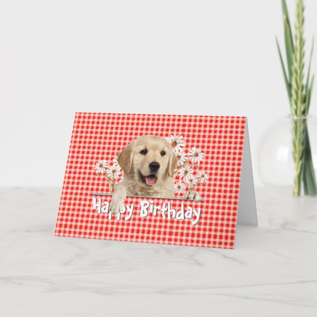 Birthday Golden Retriever auf Gingham Karte (Vorderseite)