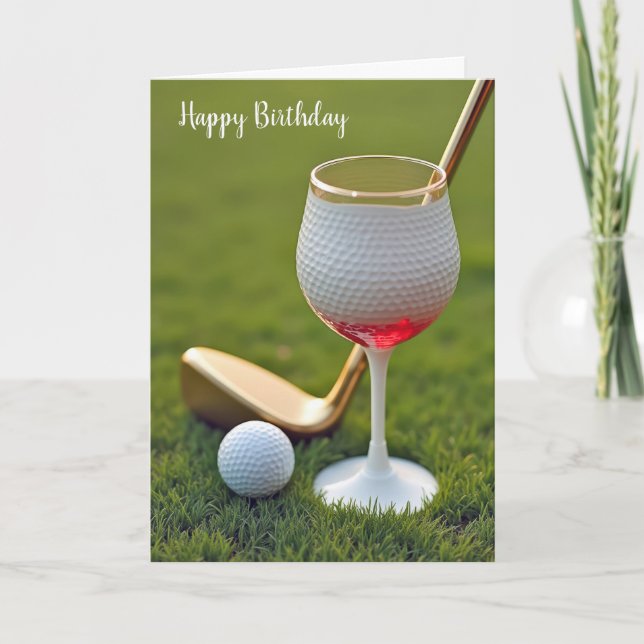 Birthday Golf Ball Weinglas mit Gold Putter Karte (Vorderseite)