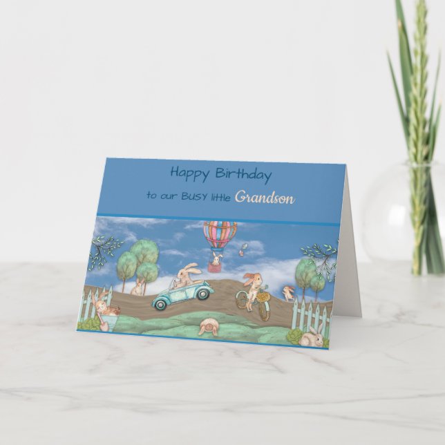 Birthday, Grandson, Busy & Funny Little Rabbits Karte (Vorderseite)
