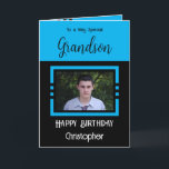 Birthday Grandson fügen Fotoname blau schwarz hinz Karte<br><div class="desc">Für einen ganz besonderen Enkel. Herzlichen Glückwunsch zum Geburtstag. Fügen Sie einen Namen und ein Foto hinzu. Blau und Schwarz.</div>