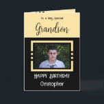 Birthday Grandson fügen Fotoname gelb schwarz Karte<br><div class="desc">Für einen ganz besonderen Enkel. Herzlichen Glückwunsch zum Geburtstag. Fügen Sie einen Namen und ein Foto hinzu. Gelb und schwarz.</div>