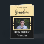 Birthday Grandson fügen Fotoname gelb schwarz Karte<br><div class="desc">Für einen ganz besonderen Enkel. Herzlichen Glückwunsch zum Geburtstag. Fügen Sie einen Namen und ein Foto hinzu. Gelb und schwarz.</div>