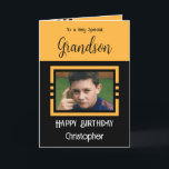 Birthday Grandson fügen Fotoname orange schwarz Karte<br><div class="desc">Für einen ganz besonderen Enkel. Herzlichen Glückwunsch zum Geburtstag. Fügen Sie einen Namen und ein Foto hinzu. Orange und schwarz.</div>