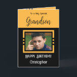 Birthday Grandson fügen Fotoname orange schwarz Karte<br><div class="desc">Für einen ganz besonderen Enkel. Herzlichen Glückwunsch zum Geburtstag. Fügen Sie einen Namen und ein Foto hinzu. Orange und schwarz.</div>