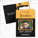 Birthday Grandson fügen Fotoname orange schwarz Karte<br><div class="desc">Für einen ganz besonderen Enkel. Herzlichen Glückwunsch zum Geburtstag. Fügen Sie einen Namen und ein Foto hinzu. Orange und schwarz.</div>