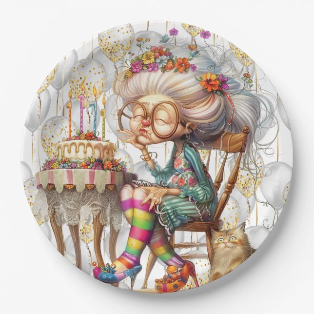 Birthday Granny With Party Balloons Pappteller (Vorderseite)
