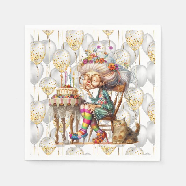Birthday Granny With Party Balloons Serviette (Vorderseite)