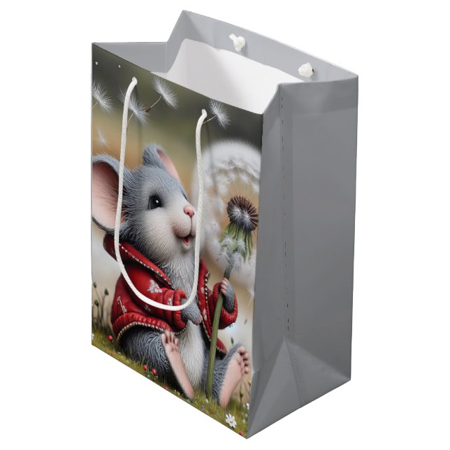 Birthday graue Maus mit flauschiger Kronleuchte Mittlere Geschenktüte (Vorderseite Schrägansicht)