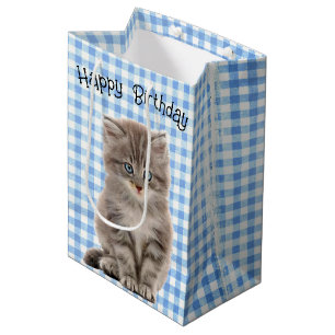 Birthday Gray Kitten on Gingham Mittlere Geschenktüte