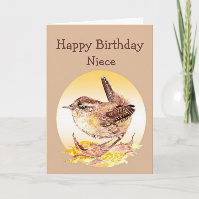 Birthday Great Niece Watercolor Wren Bird Karte (Vorderseite)