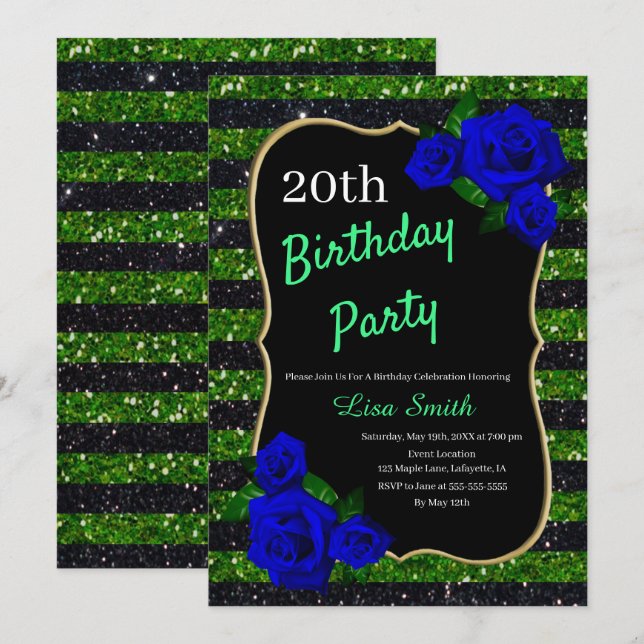 Birthday Green Black Stripe Glitzer Deep Blue Rose Einladung (Vorne/Hinten)