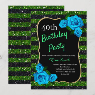 Birthday Green Black Stripes Glitzer Blau Rose Einladung