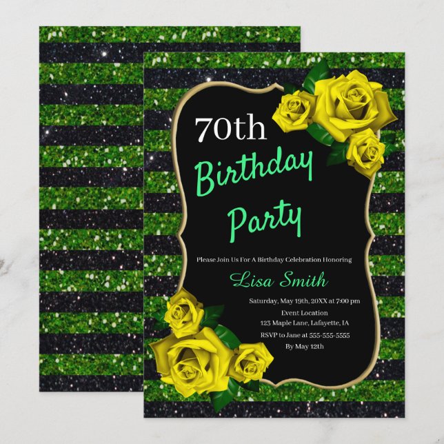 Birthday Green Black Strips Glitzer Gelbe Rosen Einladung (Vorne/Hinten)
