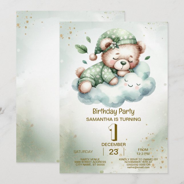 Birthday Green Boho Schlafteddy Bär Niedliches Par Einladung (Vorne/Hinten)