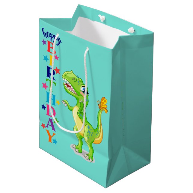 Birthday Green Dino Mittlere Geschenktüte (Vorderseite Schrägansicht)