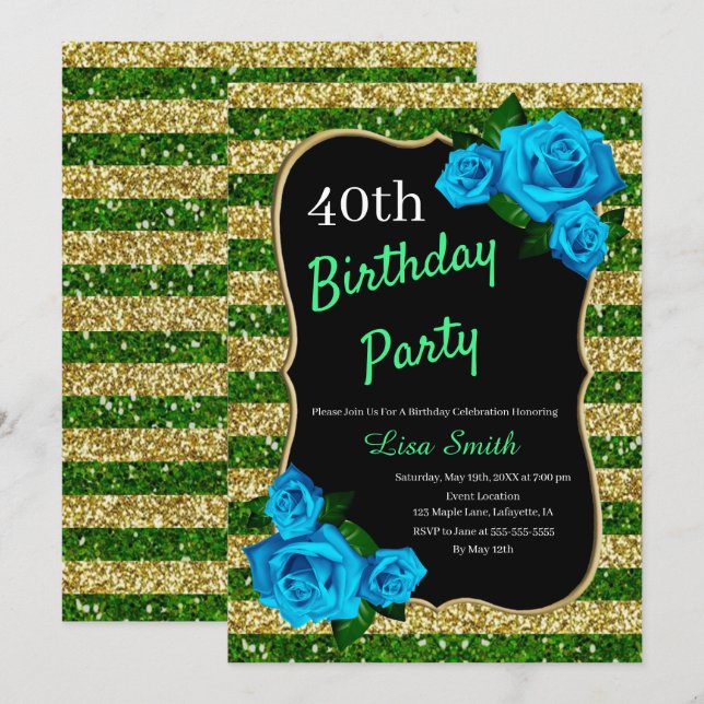 Birthday Green Gold Streifen Glitzer Blue Rose Einladung (Vorne/Hinten)