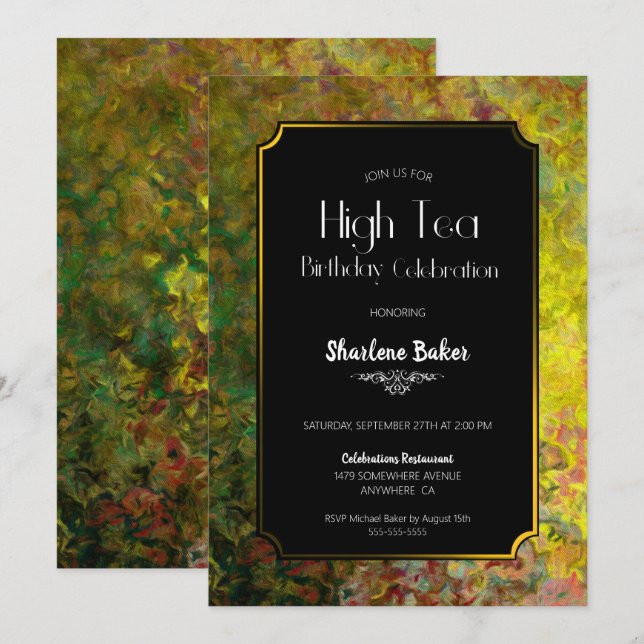 Birthday High Tee Black and Gold Party Einladung (Vorne/Hinten)