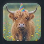 Birthday Highland Cow with Party Hat Pappteller<br><div class="desc">A Highland cow stands in a field of colorful wildflowers,  wearing a birthday party hat</div>