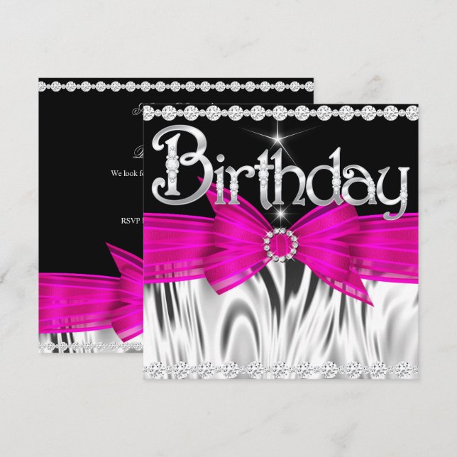 Birthday Hot Pink Bow Black Silver Party Einladung (Vorne/Hinten)